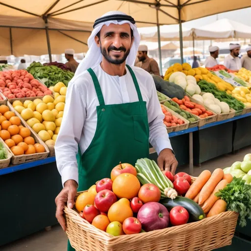 Prompt: Design a watercolor painting depicting a farmer in the Al Aweer fresh fruits & vegetables market in Dubai, UAE holding a basket overflowing with fresh, seasonal fruits and vegetables.