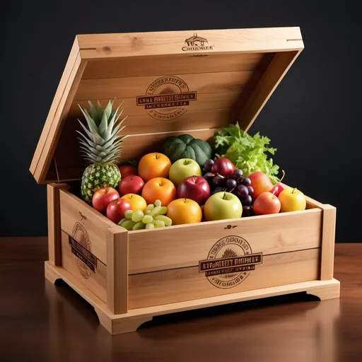 Prompt: Create a photorealistic image of a beautifully crafted wooden box filled with neatly arranged and colorful fruits and vegetables. Include the platform's logo on the box and a map of the GCC in the background.