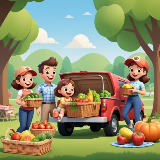 Prompt: Generate a cartoon-style image showcasing a happy family enjoying a picnic with a picnic basket full of fresh fruits and vegetables. Include a delivery truck with the platform's logo driving into the scene.