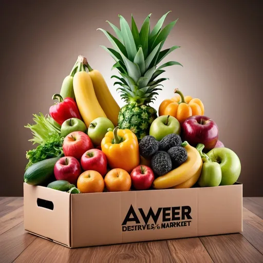 Prompt: Create a realistic image for a fresh produce delivery service in the GCC. The image should showcase a variety of colorful fruits and vegetables from the Al Aweer fruits & vegetables market in Dubai, being delivered to a happy customer's doorstep in another GCC country. Include a map of the GCC in the background. Use a bright and inviting color palette