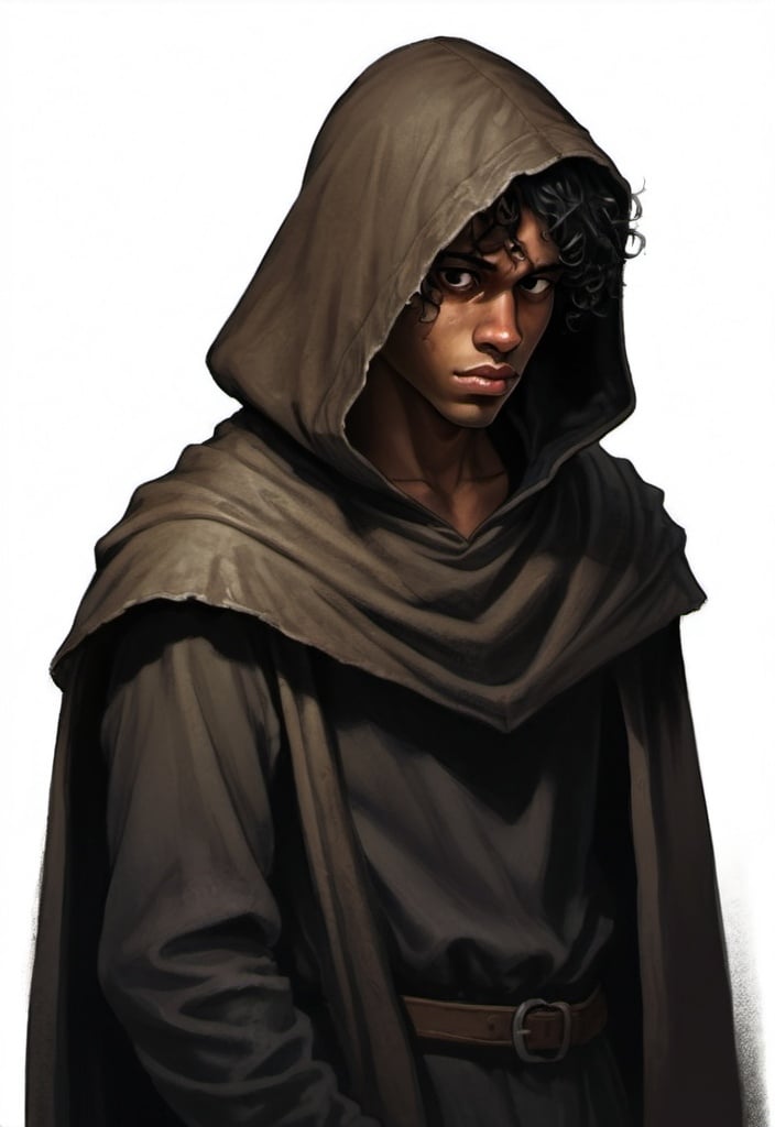 Prompt: A three-quarter profile drawing of the face of an ordinary young thief. He has dark tan skin, ragged, curly black hair. This is a young man you has known hunger and pain. He doesn't look happy. The hood of his dirty medieval cloak is back exposing his face. He is lit indirectly. The background is dark.