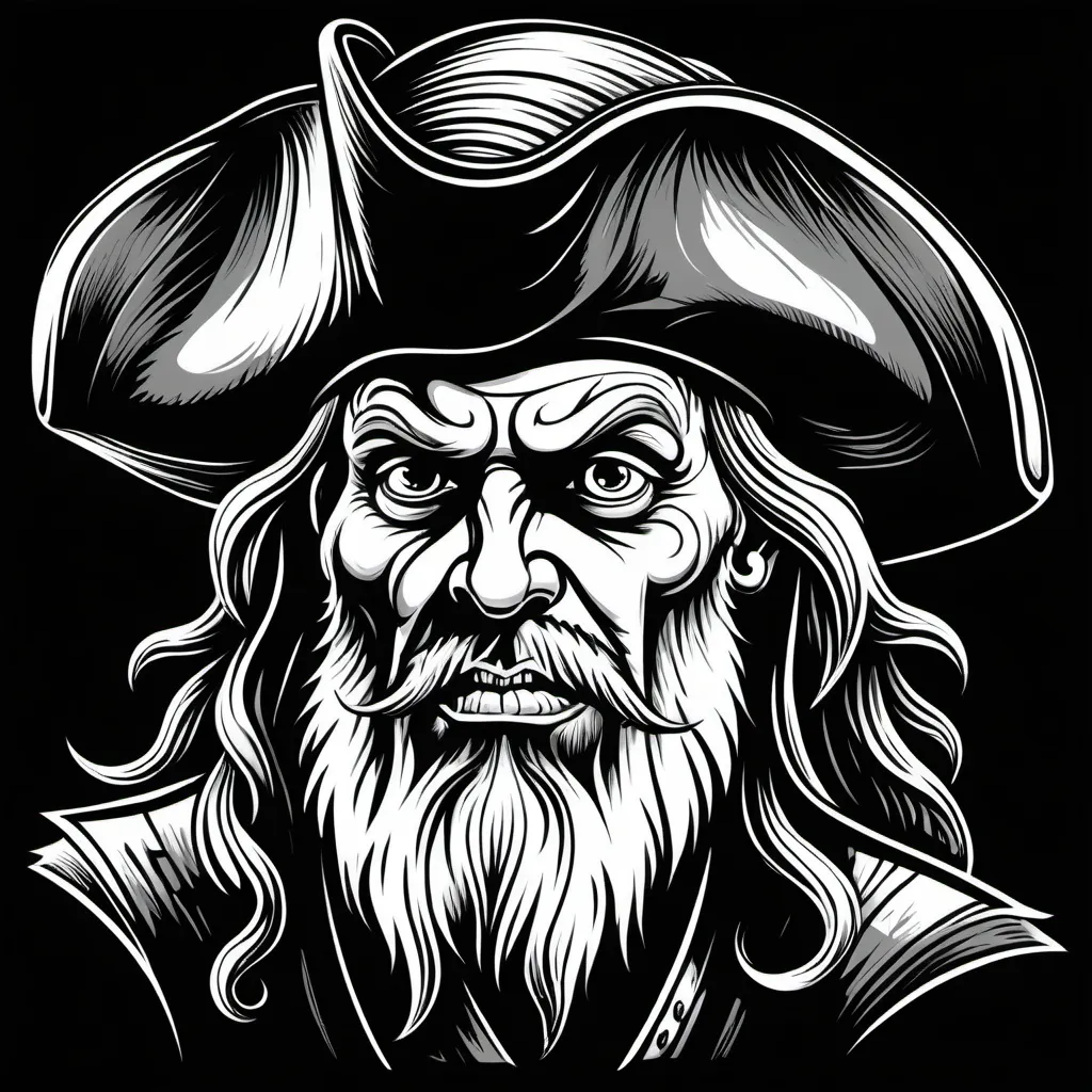 Prompt: Black & white woodcut of an ugly pirate sorcerer in a tricorn hat.