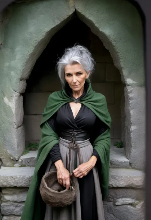 Prompt: Wizened, yet vital, the sorceress Richeldis the Grim peers from the window of her grey stone tower. She is middle-aged human woman, her grey hair swept up in an untidy bun pinned with chalcedony rods. She wears practical garments: a dark green woollen shawl, a sturdy linen chemise, and a worn leather bodice.