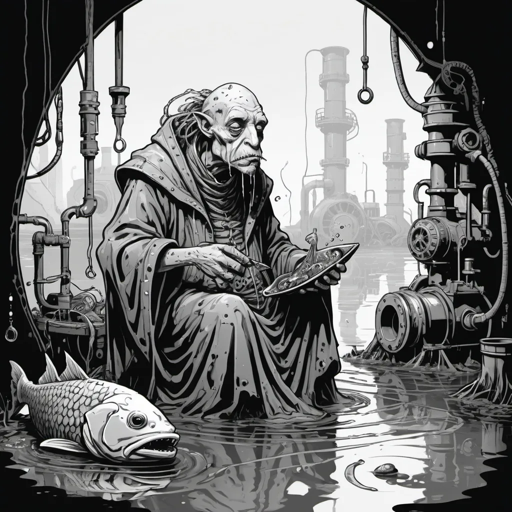 Prompt: B&W line art in the style of OSR D&D, a deep one wizard in tattered robes gnawing on a fish he is surrounded by strange industrial equipment, puddles of water, and fish bones. He looks pensive.