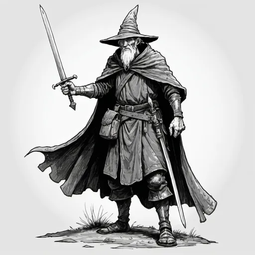 Prompt: B&W Ink drawing in the DND OSR style of a tall old human warrior with a two-handed sword. He wears a ragged cloak and a crooked hat. Over his should hangs a well-worn two-handed sword in its scabbard. He is searching for treasure.