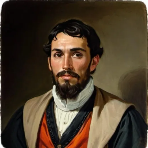 Prompt: Color art portrait of Francis Botond, the well-to-do son of a livestock merchant. He has dark hair, a well-trimmed beard, and slightly olive skin. He is wearing a doublet over a linen shirt.