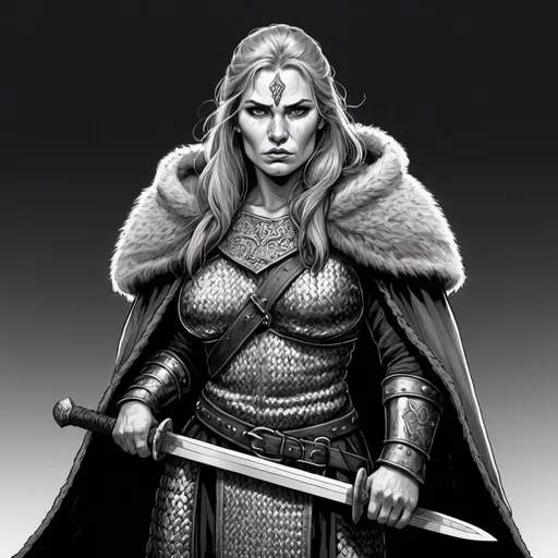 Prompt: B&W drawing of a tough old viking sword warrior woman. She is large and in charge and the Baroness of Bracca clad in chainmail and a heavy wolfskin cloak.