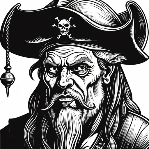 Prompt: Black & white woodcut of an ugly pirate sorcerer in a tricorn hat.