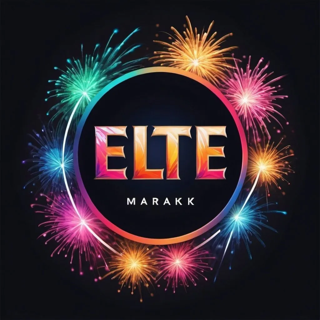 Prompt: round logo with the name ELITE MARK, bright colors, rough font, animation fireworks