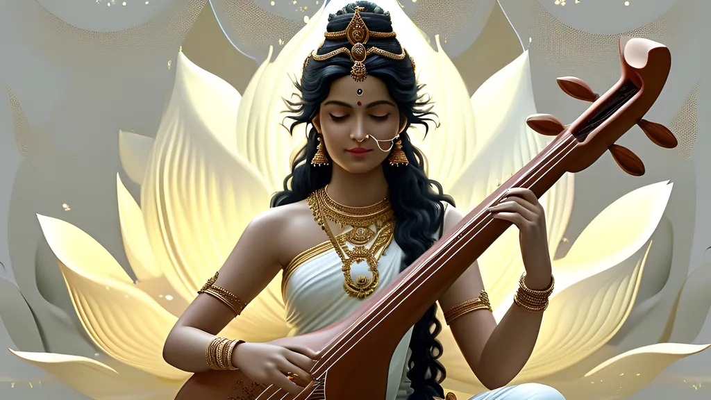 Prompt: An elegant, serene depiction of the goddess Saraswati seated on a large blooming lotus flower, holding a sitar. She is adorned in white and gold attire symbolizing purity, wearing a graceful crown and traditional jewelry including a nose ring. Surrounding her are softly glowing, divine light orbs. The background features a dreamy, ethereal white and golden aura with sparkling effects..