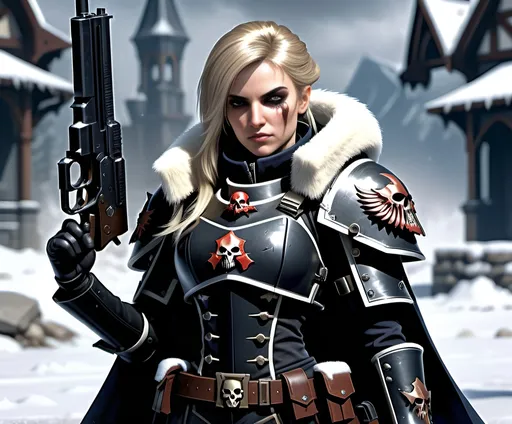 Prompt: (woman in a black outfit, standing in the snow), (gun in each hand), (dramatic winter scene), highly detailed textures, ultra-realistic lighting, cinematic ambiance, (unreal engine), concept art quality, cool tones contrasting the pristine white snow, dynamic and intense atmosphere, high-quality rendering, epic character pose, warhammer 40k, imperial guardswoman, lasgun, imperial insignia, astra militarum, battlefield,pretier, ash-blonde-ponnytail-messy-bloody-face,upscale