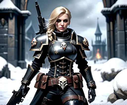 Prompt: (woman in a black outfit, standing in the snow), (gun in each hand), (dramatic winter scene), highly detailed textures, ultra-realistic lighting, cinematic ambiance, (unreal engine), concept art quality, cool tones contrasting the pristine white snow, dynamic and intense atmosphere, high-quality rendering, epic character pose, warhammer 40k, imperial guardswoman, lasgun, imperial insignia, astra militarum, battlefield,pretier, ash-blonde-ponnytail-messy-bloody-face,upscale