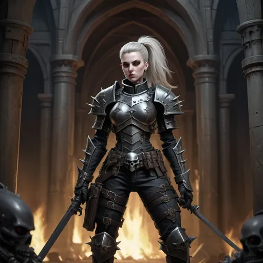 Prompt: Misc-gothic full-body portrait of a pale-skinned female rogue trader,  spiked armor, thin lips, sanctioned,psyker uniform, menace, stylish,  warhammer 40000 style, intense expression, detailed features, ornate armor detailing, gothic architecture background, high res, ultra-detailed, misc-gothic, warhammer 40000, female character, intense gaze, detailed armor, pale skindramatic lighting, black colors, scars, shadowed eyes, panorama, full body with legs. warhammer female soldier, officer, skars, edgy hair cut, battle harden, uniform, leading, femina, petite, ponytail, zoom out picture, armored uniform