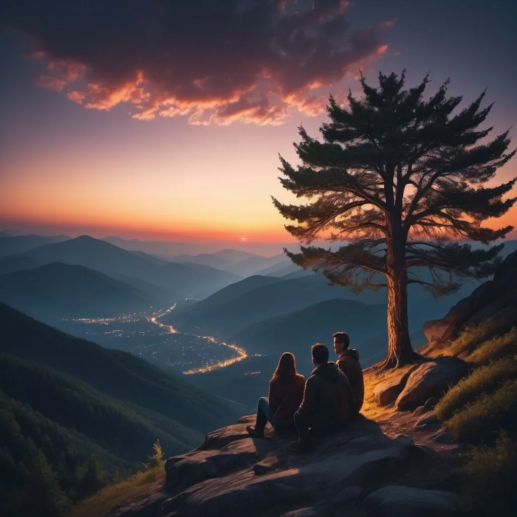 Prompt: Stunningly beautiful, evening atmosphere on mountain top, shadows of trees, people sitting, dim sky, colorful lights in the sky, tree base, sunset glow, relaxed atmosphere, highres, detailed shadows, peaceful, natural beauty, atmospheric lighting, scenic landscape, cool tones