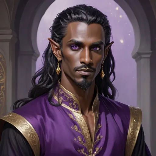 Prompt: Tall, slightly dark skinned male elf with long, wavy black hair and a long, black pointy goatee, dressed in fine purple silk clothing and has golden earrings, and purple eyes