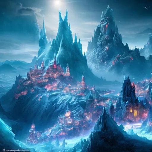Prompt: fantasy city in a frozen mountain with dragons flying over