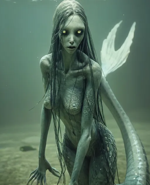 Prompt: A humanoid sea creature with a long koifish like body She has long black hair that moves like seaweed. Her torso is covered with pale ghostly scales. Large black eyes, no nose and a large mouth full of razor sharp teeth. She has long, thin arms, pale and translucent skin