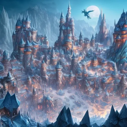 Prompt: snow covered fantasy city built into a vast mountainside, large frozen fountain in the middle, white dragons flying over the city
