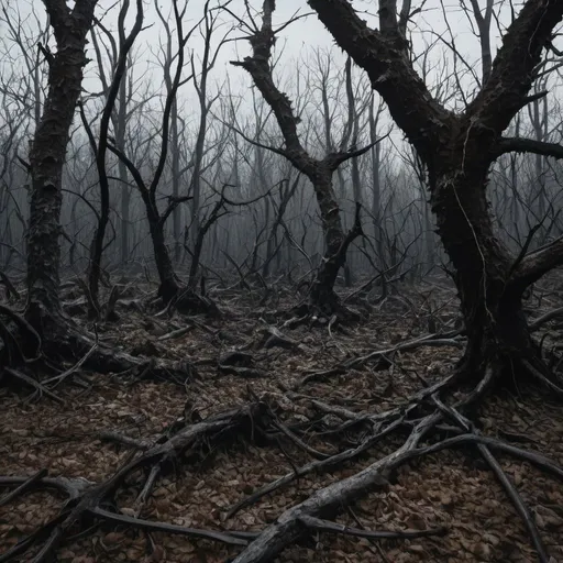 Prompt: dark, corrupted forest that is filled with decaying ground. Dying leaves on the branches