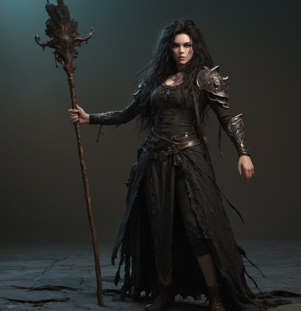 Prompt: a tall female with big black messy hair. Carries a staff. fantasy setting. 