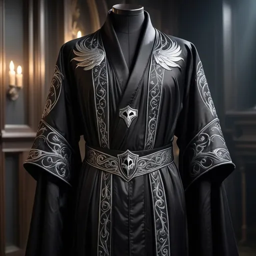 Prompt: long black robes stitched with silver threads and the mark of a raven crest in silver. Fantasy robes