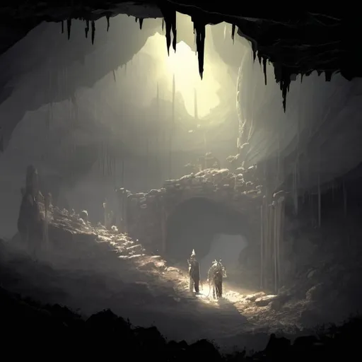 Prompt: dark, big cave, abandoned mine shaft, fantasy setting