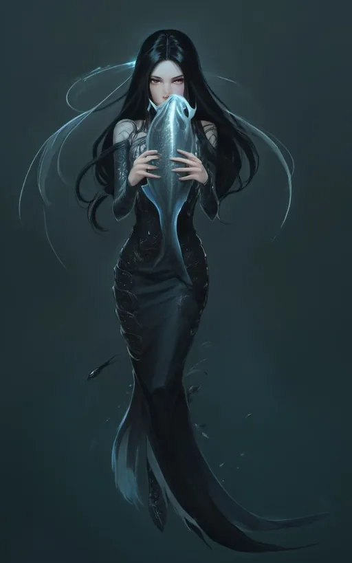 Prompt: Siren with long black hair, pitch black eyes, shark teeth, pale skin, has a fish fin