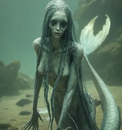 Prompt: A humanoid sea creature with a long koifish like body She has long black hair that moves like seaweed. Her torso is covered with pale ghostly scales. Large black eyes, no nose and a large mouth full of razor sharp teeth. She has long, thin arms, pale and translucent skin