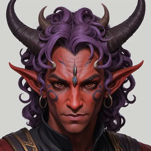 Prompt: Male red skin tiefling horns that curl across the back of his head, pale eyes that are pupil-less. Purple wavy hair, red and purple and black clothes, carrying a deck of tarot cards, looks like mollymauk tealeaf