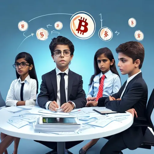 Prompt: Persian girl and handsome young boy brainstorming with fat boss, cryptocurrency exchange business, professional attire, modern office setting, detailed facial features, focused expressions, high-quality illustration, realistic, business attire, brainstorming, detailed characters, modern office, cryptocurrency exchange, professional setting, detailed features, intense discussion, bright lighting, professional atmosphere