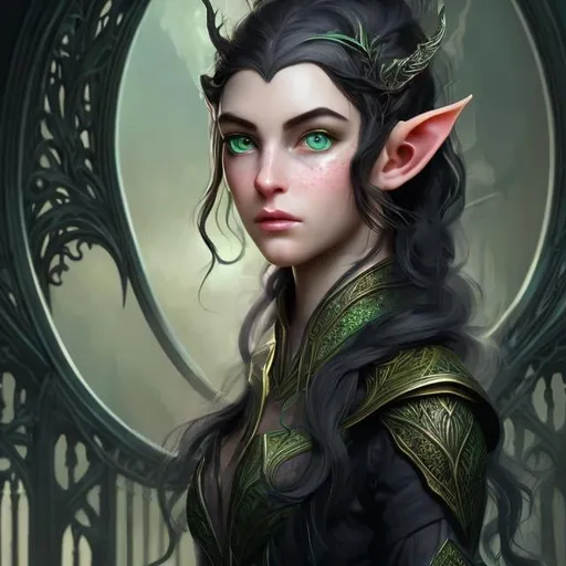Prompt: High-res digital painting of a slim statuesque young woman, piercing vibrant green eyes, long jet black hair framing elven ears, dark library background, detailed facial features and intricate elven jewelry, fantasy, portrait, ethereal lighting, high contrast, digital art, elegant, enchanting, large-scale, detailed hair
