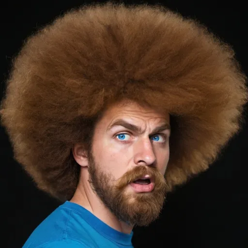 Prompt: Caucasian man, blue eyes, very large brown afro, blue shirt, oval face, very full bushy beard, thick mustache, very very angry, disgusted, lips pulled back, very thick eyebrows