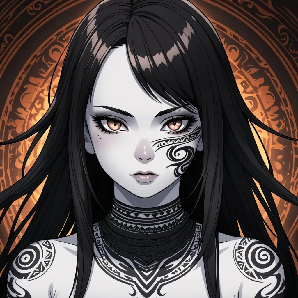 Prompt: anime, girl, detailed, confident, pale skin, dark hair, black tribal face tattoos, fantasy