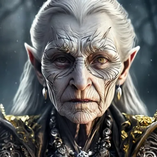 Prompt: old woman, arcane face markings, hunched forward, gaunt face, piercing amber eyes framed by silver hexagons, long white hair, pointed dagger-like ears, uncannily thin frame, detailed, high quality, fantasy, intricate arcane face markings, frail appearance, piercing eyes, silver and gold color tones, mysterious lighting
