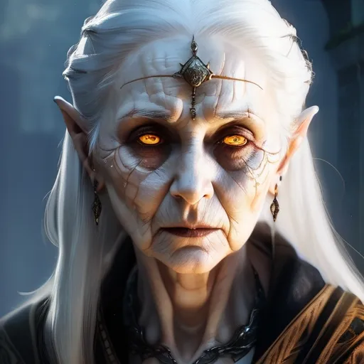 Prompt: old woman, hunched forward, gaunt face, piercing amber eyes, long white hair, pointed dagger-like ears, pale skin, uncannily thin frame, detailed, high quality, fantasy, arcane glyphs, frail appearance, tones, mysterious lighting, glowing silver veins