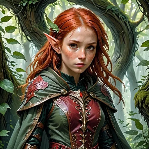 Prompt: (young woman), pointed ears, brown eyes, (scarlet hair), svelte, fantasy, upturned nose, round face, (red hide armor)