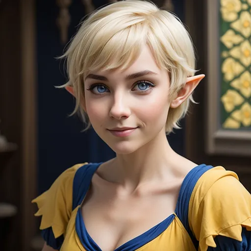 Prompt: half-elf woman, short blonde hair, sapphire eyes, short yellow frock, soft smile