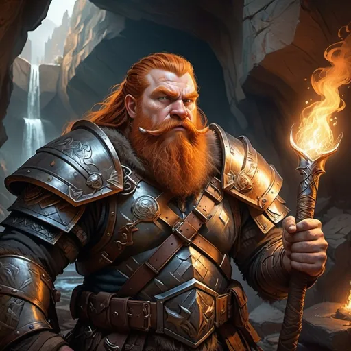 Prompt: Dwarf, rugged, long ginger hair, braided beard, tobacco pipe, platemail, warhammer on back