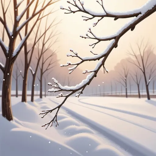 Prompt: Draw the image of a tree branch swaying with a little snow cover in winter in a warm atmosphere.