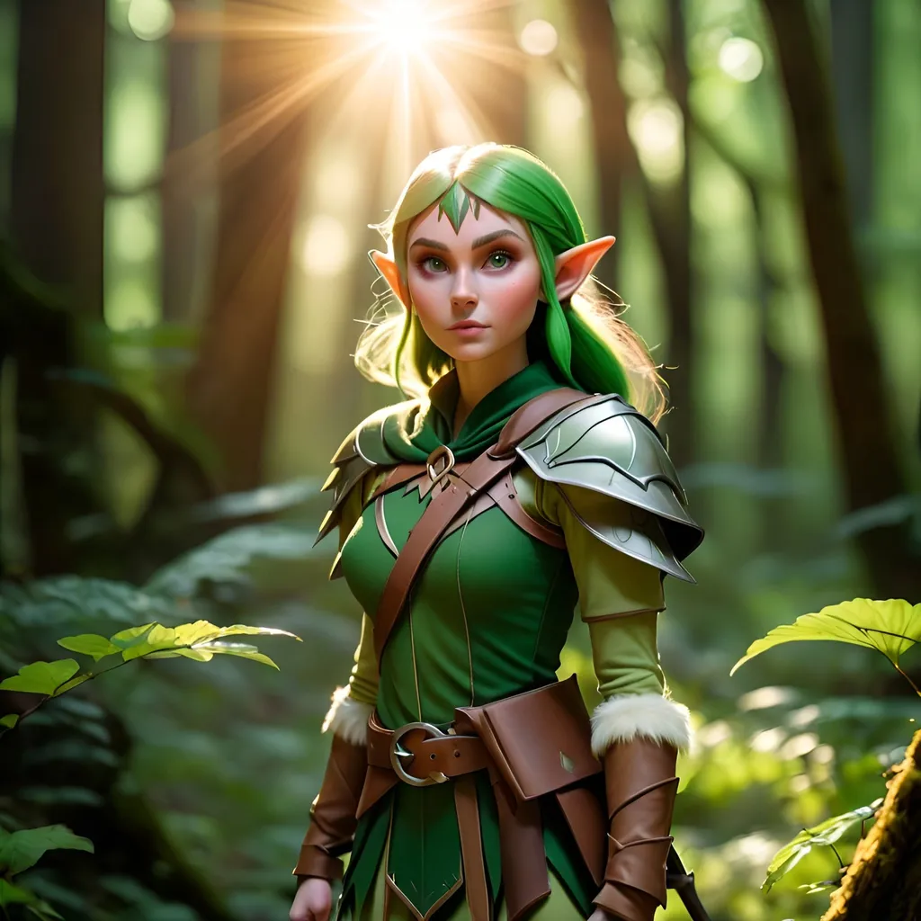 Prompt: Elf ranger in a mystical forest around sunlight