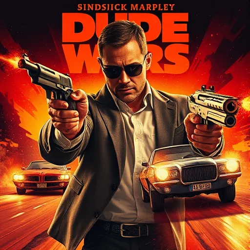 Prompt: A stunning dude theft wars movie poster names house gun cars drive man