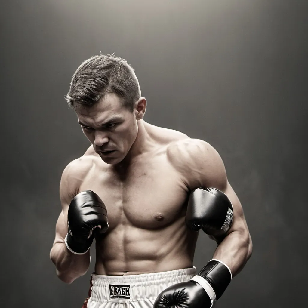 Prompt: (boxer), dynamic pose, muscular physique, intense expression, sports equipment background, boxing ring, warm lighting, dramatic shadows, ultra-detailed, high-quality, action-packed atmosphere, emphasizing strength and determination, showcasing athleticism and resilience, captivating focus on the boxer.