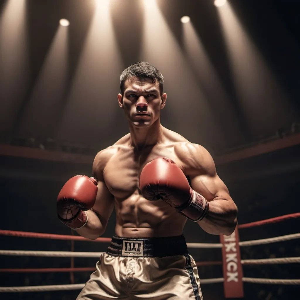 Prompt: (boxer), dynamic pose, muscular physique, intense expression, sports equipment background, boxing ring, warm lighting, dramatic shadows, ultra-detailed, high-quality, action-packed atmosphere, emphasizing strength and determination, showcasing athleticism and resilience, captivating focus on the boxer.