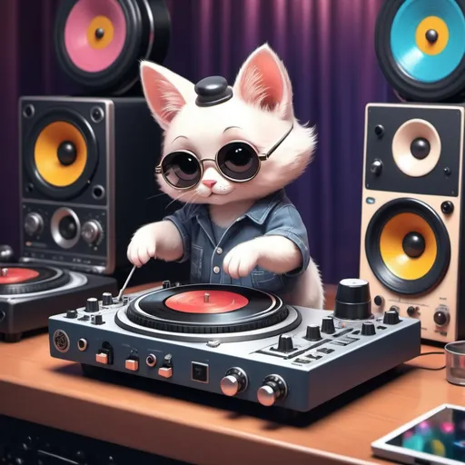 Prompt: cat dj playing vinyl turntable and mixer set ,ultra detailed illustration , vintage design ,cute and quirky, fantasy art, bokeh, digital painting, soft lighting, isometric style, retro aesthetic, focused on the character,