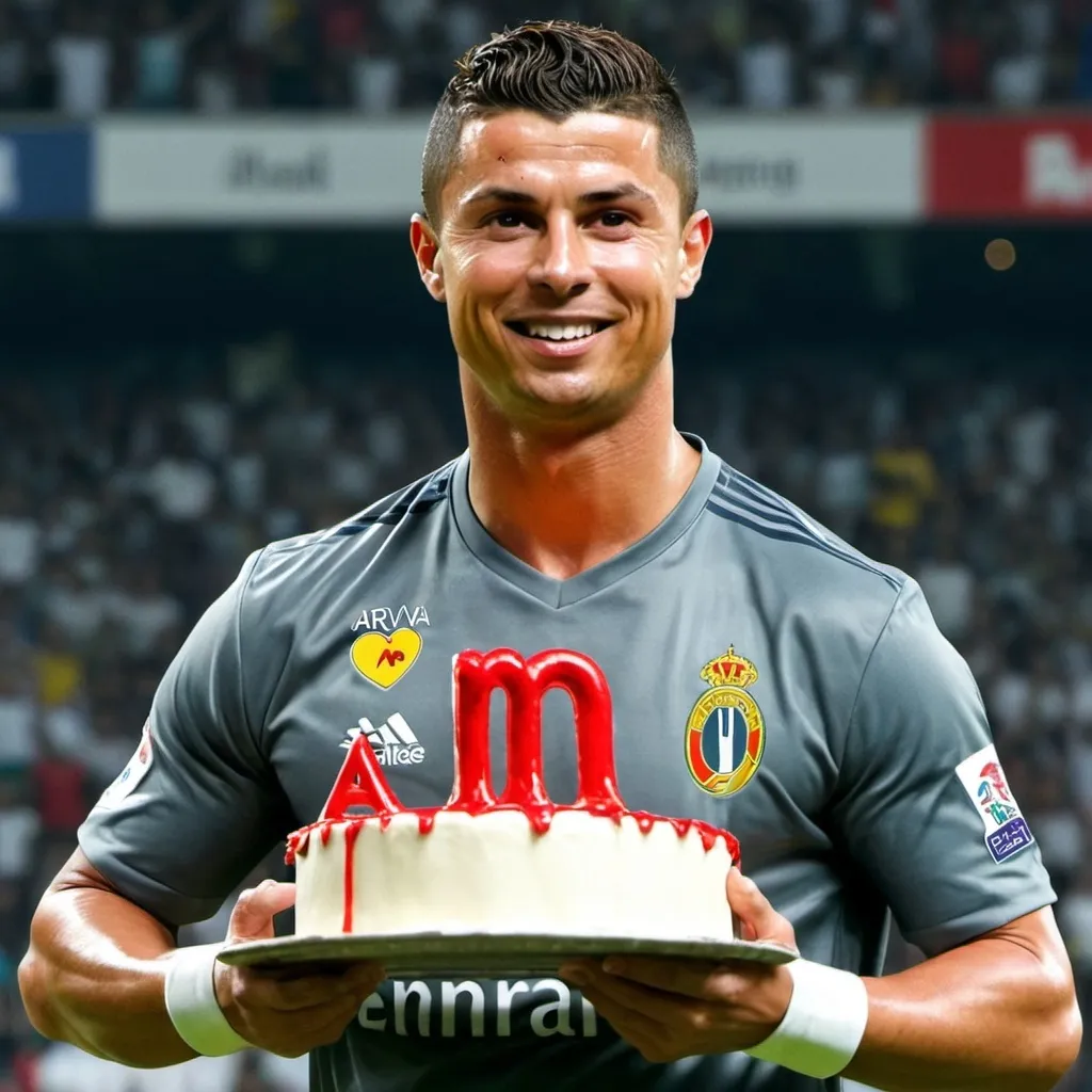 Prompt: Create a  image of Ronaldo carrying a birthday cake with the word "ARNAV" written on it