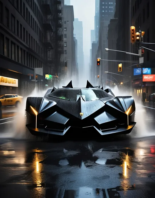 Prompt: Create a 132k ultra-realistic image of the futuristic modern Batmobile/Lamborghini racing through the rain-slicked streets of New York City at night, capturing the essence of Gotham. The Batmobile is depicted in motion, with water spraying as its tires cut through the wet asphalt. Dramatic city lights reflect off the glistening pavement, creating an intense interplay of reds, blues, and golds. Skyscrapers loom over the scene, with blurred neon signs and city life streaking in the background to emphasize speed. The atmosphere is dark, moody, and dramatic, evoking the gritty elegance of Gotham. The image should convey power, speed, and the haunting beauty of a night in the city, with every droplet of rain, gleaming car surface, and ambient light meticulously detailed.