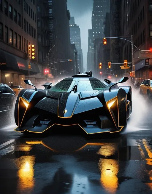 Prompt: Create a 132k ultra-realistic image of the futuristic modern Batmobile/Lamborghini racing through the rain-slicked streets of New York City at night, capturing the essence of Gotham. The Batmobile is depicted in motion, with water spraying as its tires cut through the wet asphalt. Dramatic city lights reflect off the glistening pavement, creating an intense interplay of reds, blues, and golds. Skyscrapers loom over the scene, with blurred neon signs and city life streaking in the background to emphasize speed. The atmosphere is dark, moody, and dramatic, evoking the gritty elegance of Gotham. The image should convey power, speed, and the haunting beauty of a night in the city, with every droplet of rain, gleaming car surface, and ambient light meticulously detailed.