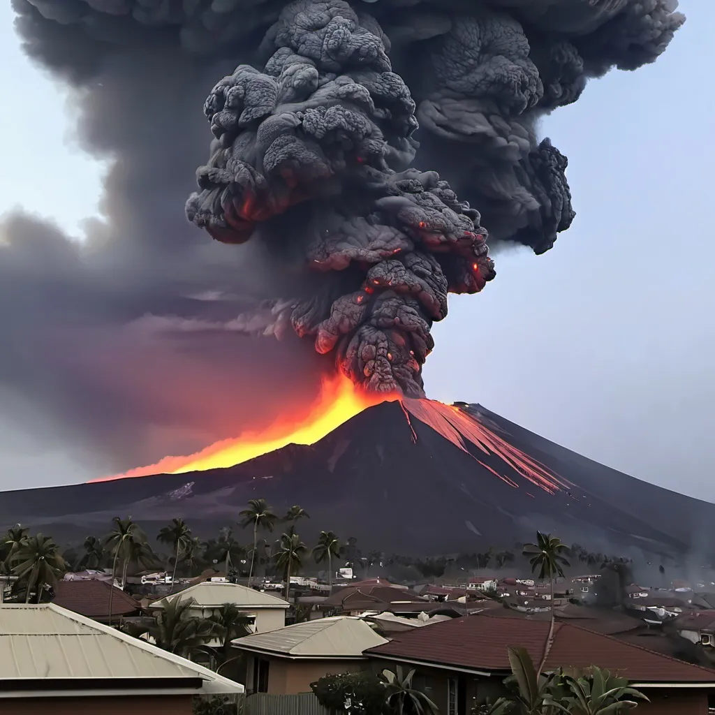 Prompt: The volcano erupted, people ran from their homes