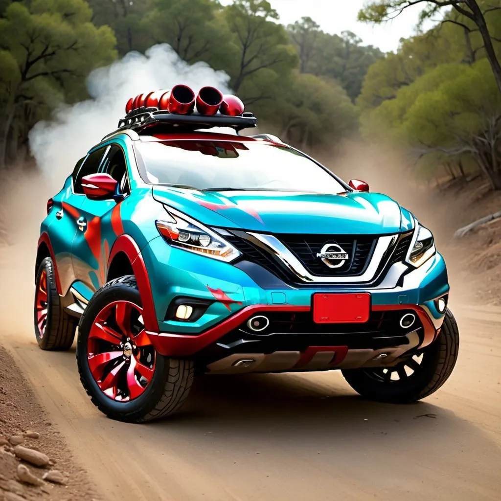 Prompt: Nissan Murano in teal color with red flame painted details on the sides and hood. An off-roading air intake snorkel installed on the car. In style of Mickey roadster racers supercharged. 