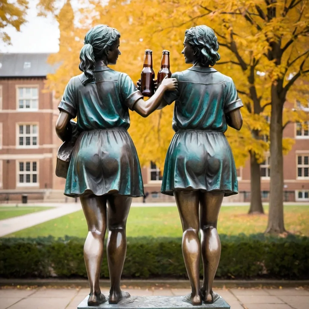 Prompt: A statue of two girls from the back holding beers at university